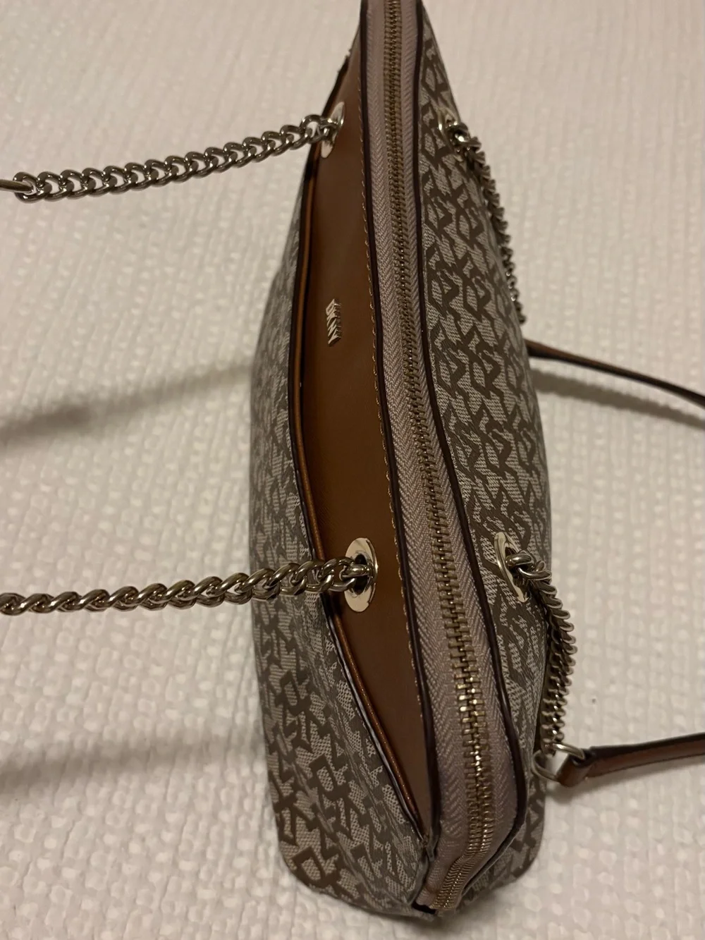 DKNY Brown Tan Monogram Chain-Handle Shoulder Bag